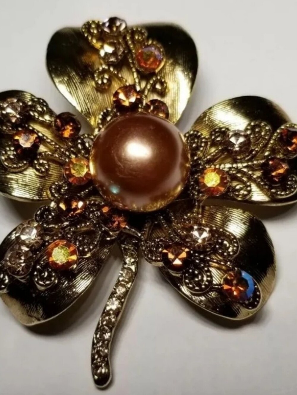 Gorgeous Gold Tone Flower Brooch With Rhinestones And Faux Pearl